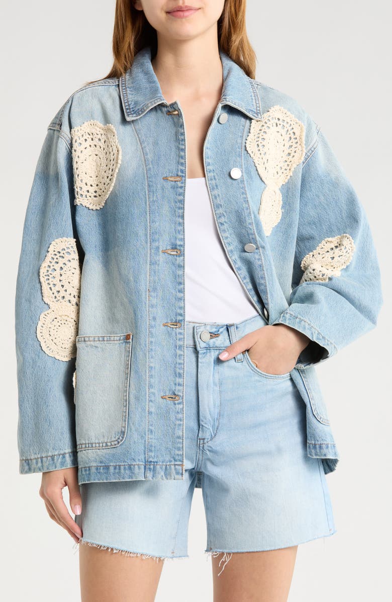 BLANKNYC Crochet Appliqué Denim Chore Jacket, Main, color, Surf Camp
