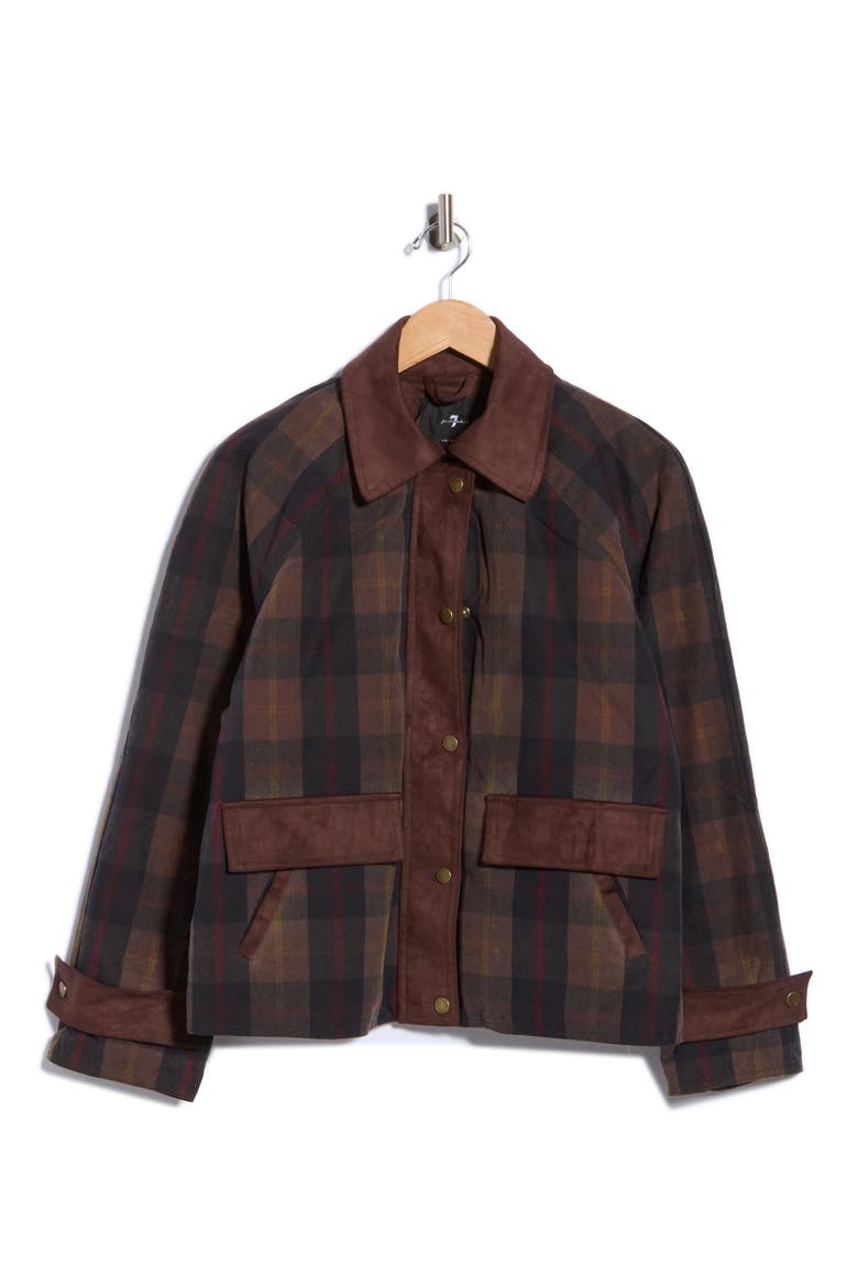Plaid Quilted Barn Jacket with Faux Suede Trim, Main, color, BROWN-NAVY PLAID