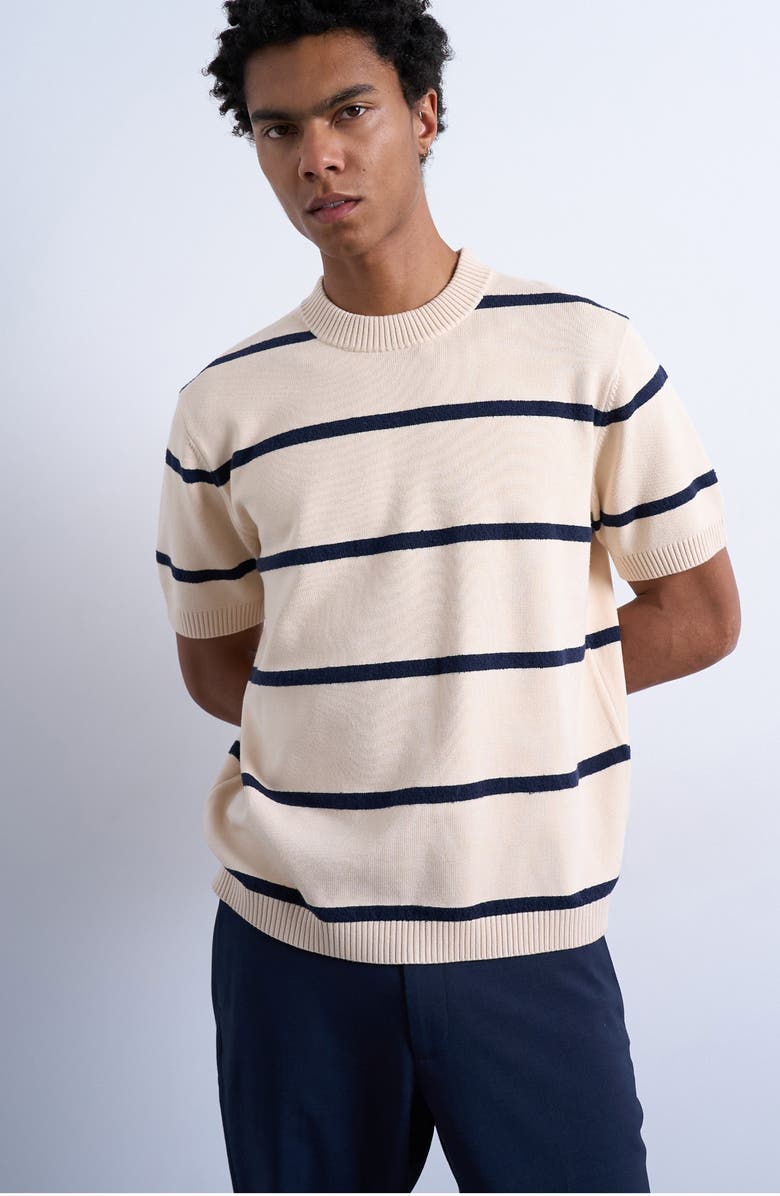 Topman Classic Fit Stripe Short Sleeve Sweater, Main, color, Cream