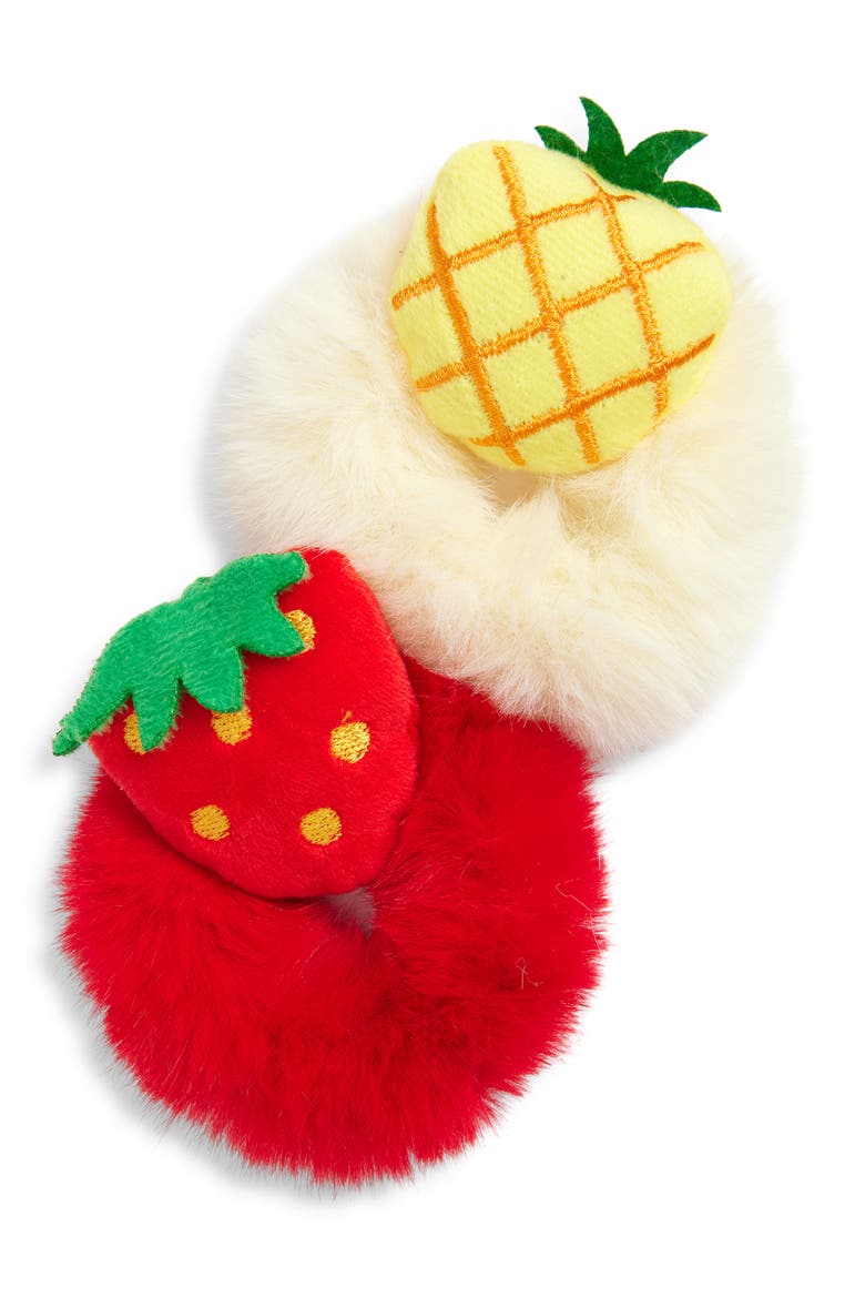 Kids Set of 3 Assorted Fuzzy Fruit Scrunchies, Main, color, RED