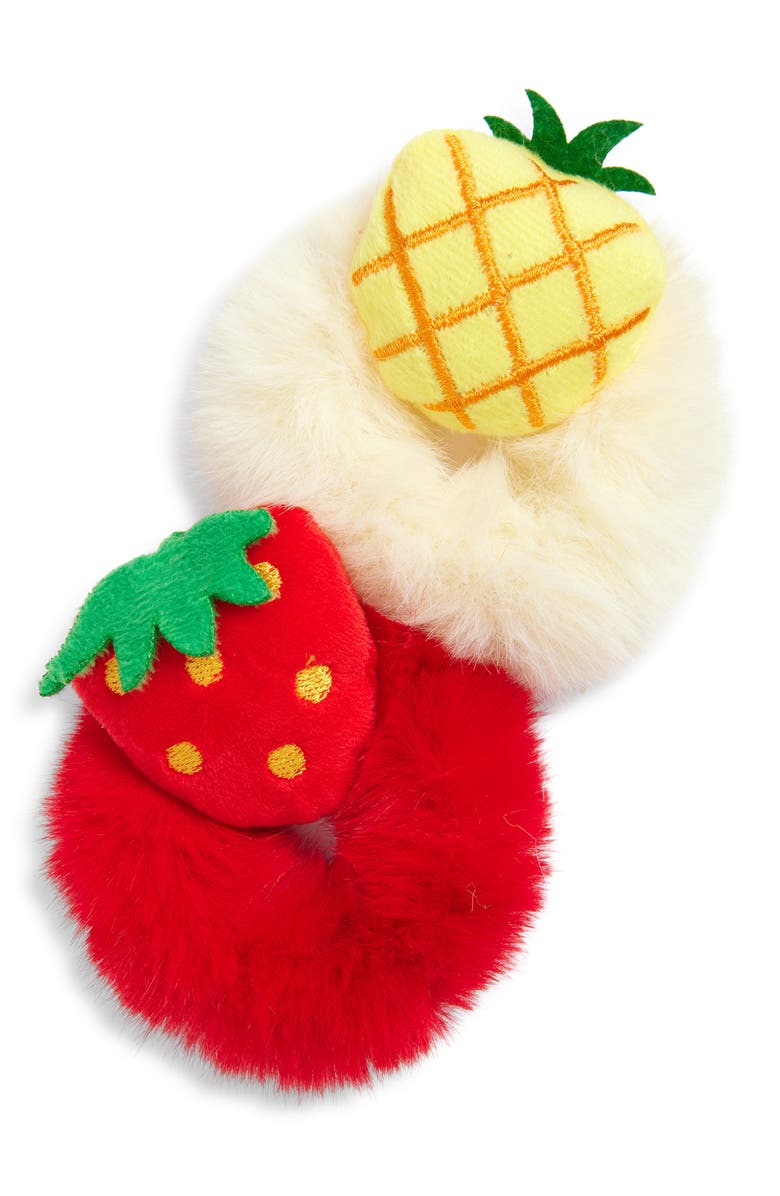 Cara Kids Set of 3 Assorted Fuzzy Fruit Scrunchies, Main, color, Red
