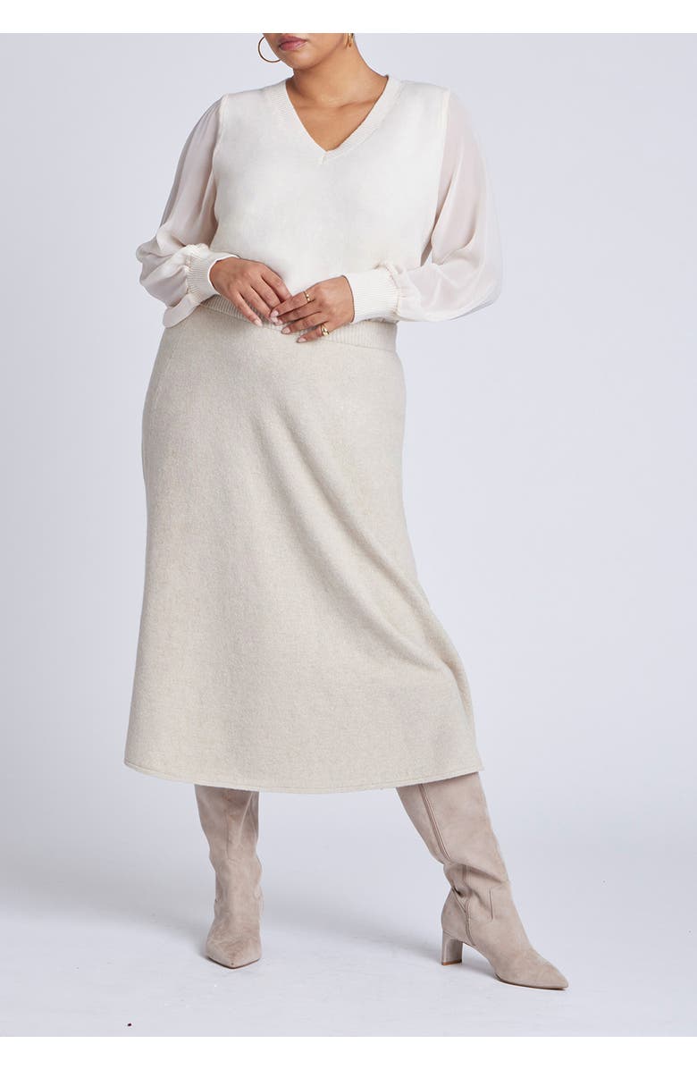 ELOQUII Sheer Sleeve V-Neck Sweater, Alternate, color, Buttercream