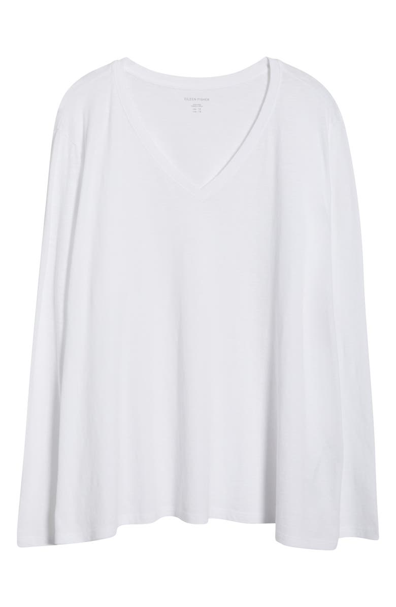 Eileen Fisher Easy V-Neck Long Sleeve Organic Cotton T-Shirt, Alternate, color, White