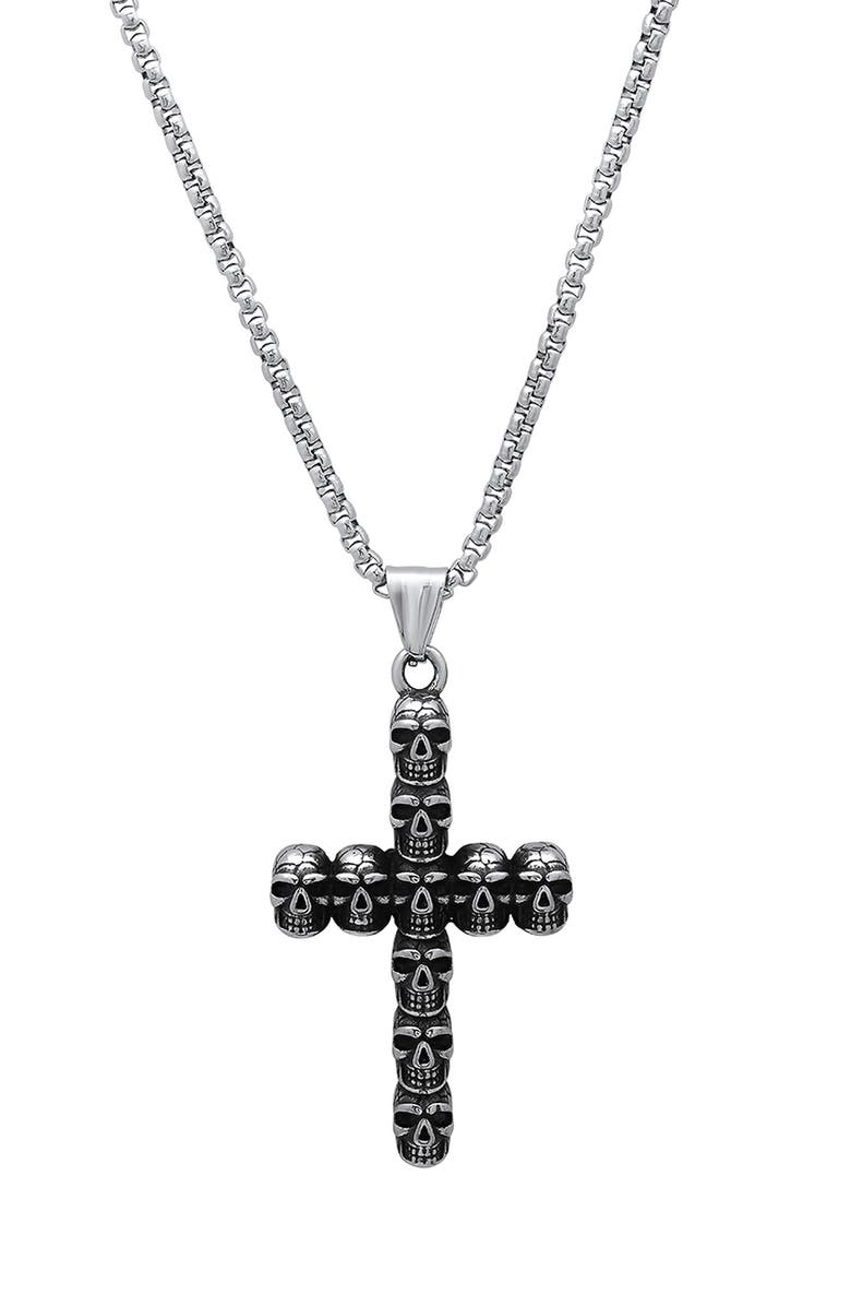 HMY JEWELRY Men's Stainless Steel Skull Cross Pendant Necklace, Main, color, Silver
