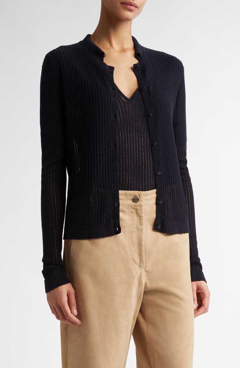 Max Mara Studio Kassel Silk & Wool Rib Cardigan, Main, color, Navy
