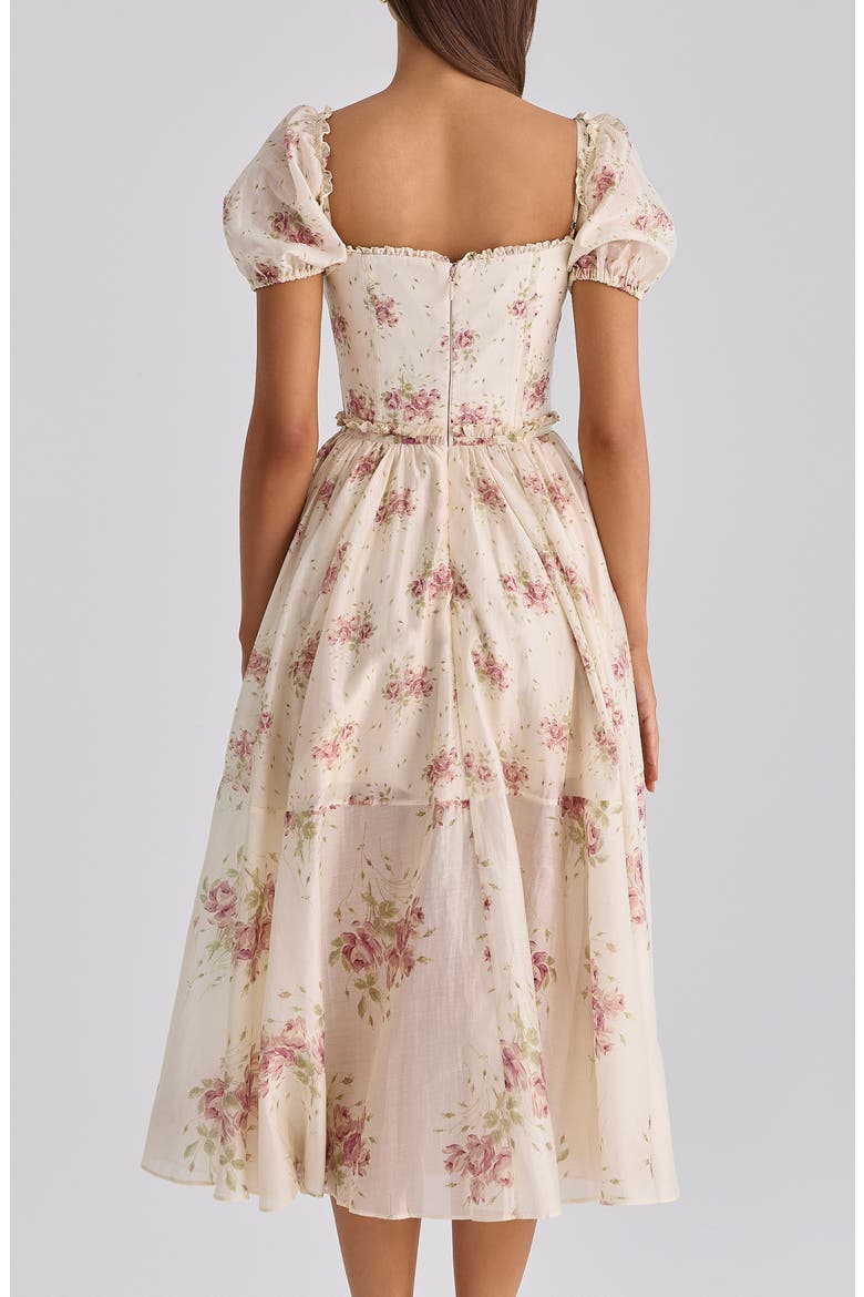 Penelope Floral Puff Sleeve Corset Chiffon Midi Dress, Alternate, color, IVORY VINTAGE ROSE PRINT
