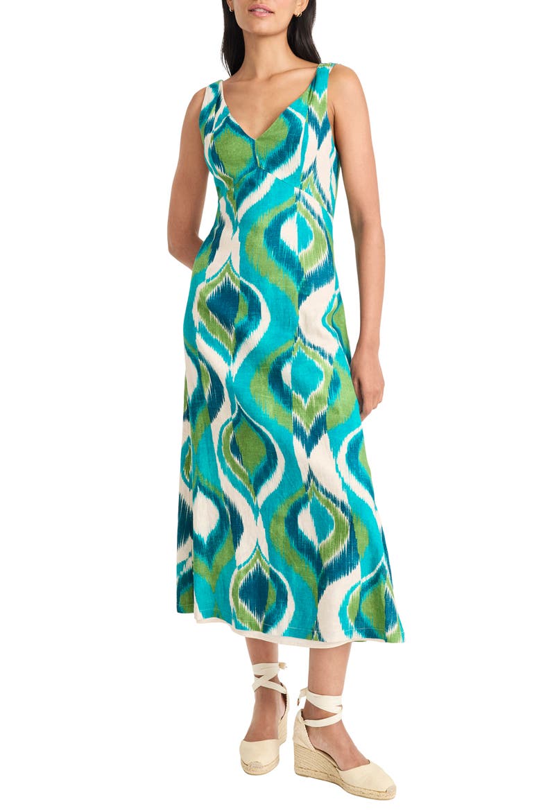 Linen Blend Midi Dress, Main, color, IVORY/ AQUA