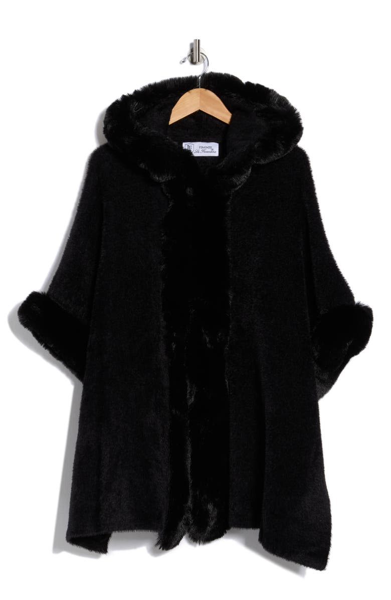 La Fiorentina Faux Fur Trim Cape, Main, color, Black