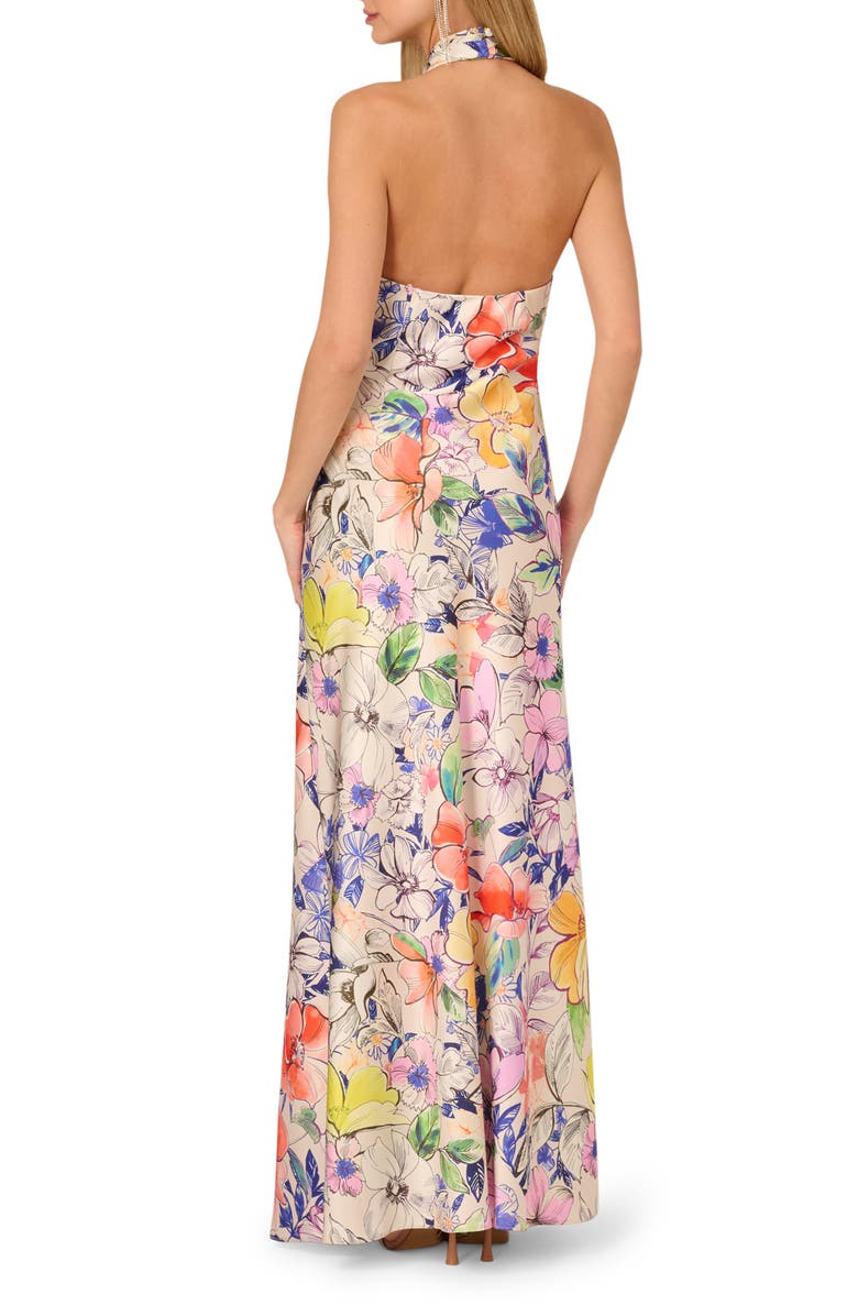 Adrianna Papell Print Satin Halter Gown, Alternate, color, Ivory Multi