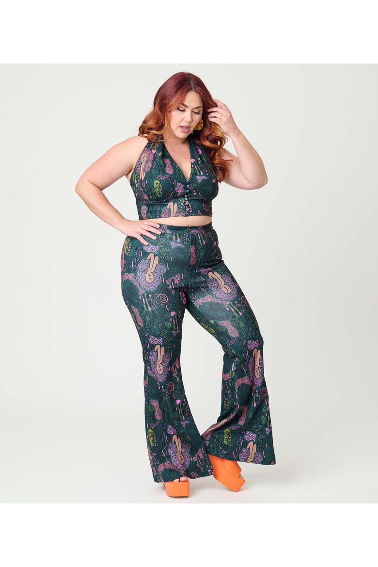 Plus Size 1970's Find Your Flare Pants, Alternate, color, Green Mannequin Print