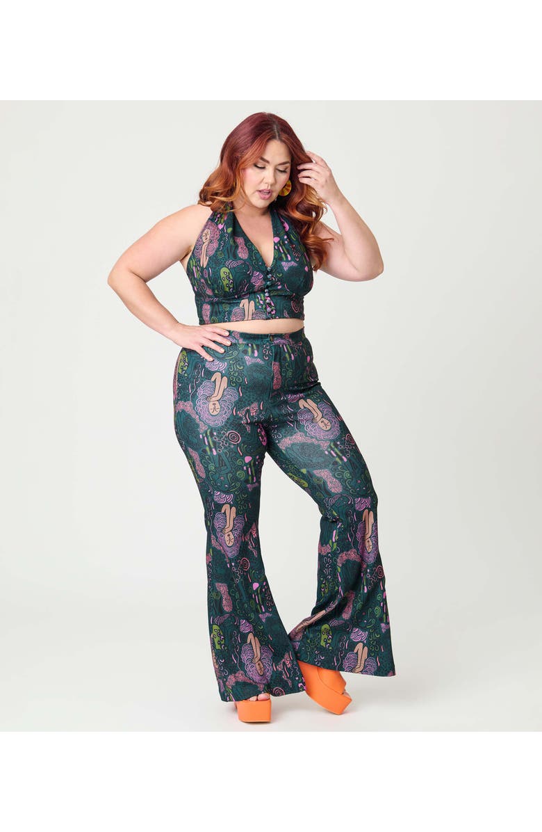 Smak Parlour Plus Size 1970's Find Your Flare Pants, Alternate, color, Green Mannequin Print