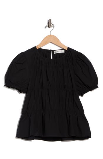 Elodie Shirred Puff Sleeve Poplin Top In Black
