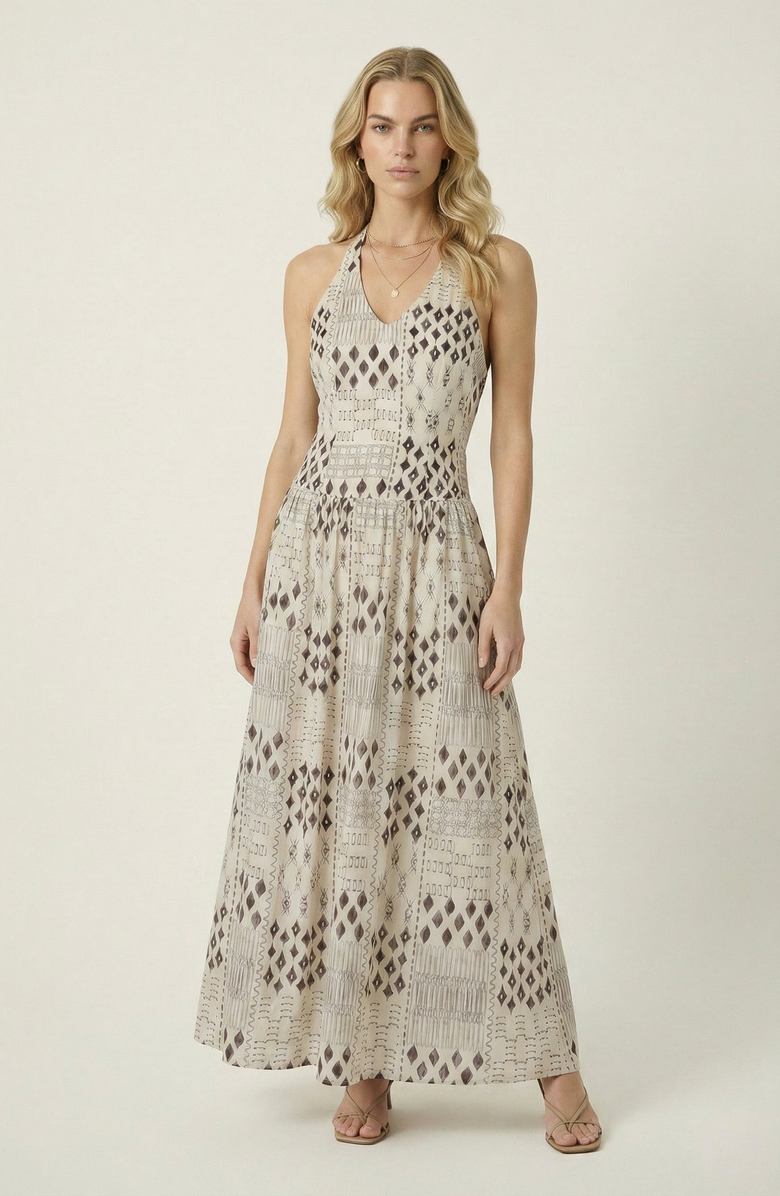 Modenaire Geometric Print Halter Maxi Dress, Main, color, Cream / Dark Brown