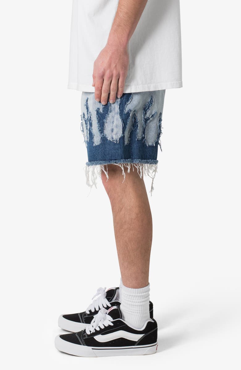 mnml Flame Rip & Repair Cutoff Denim Shorts, Alternate, color, Blue