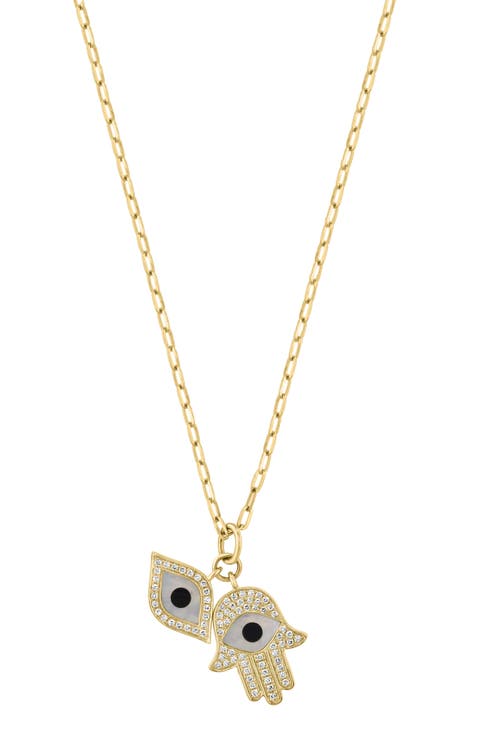 Gold Plated Sterling Silver Hamsa & Evil Eye Pendant Necklace
