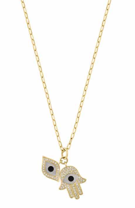Gold Plated Sterling Silver Hamsa & Evil Eye Pendant Necklace