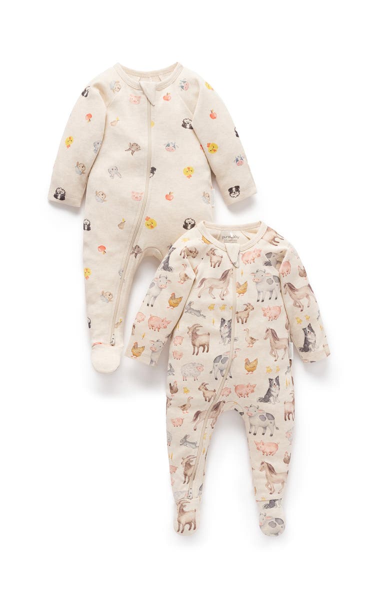 Purebaby 2 Pack Printed Zip Footie, Main, color, Farm Animals Print
