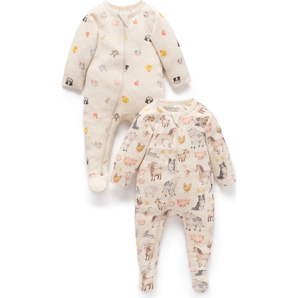 Purebaby Kids' 2 Pack Printed Zip Footie In Neutral