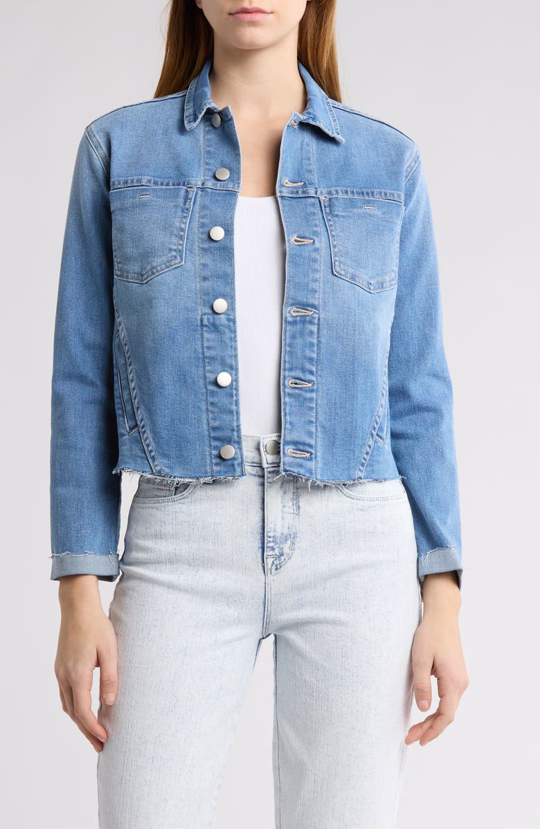 L'AGENCE Janelle Slim Fit Raw Hem Denim Trucker Jacket, Main, color, 