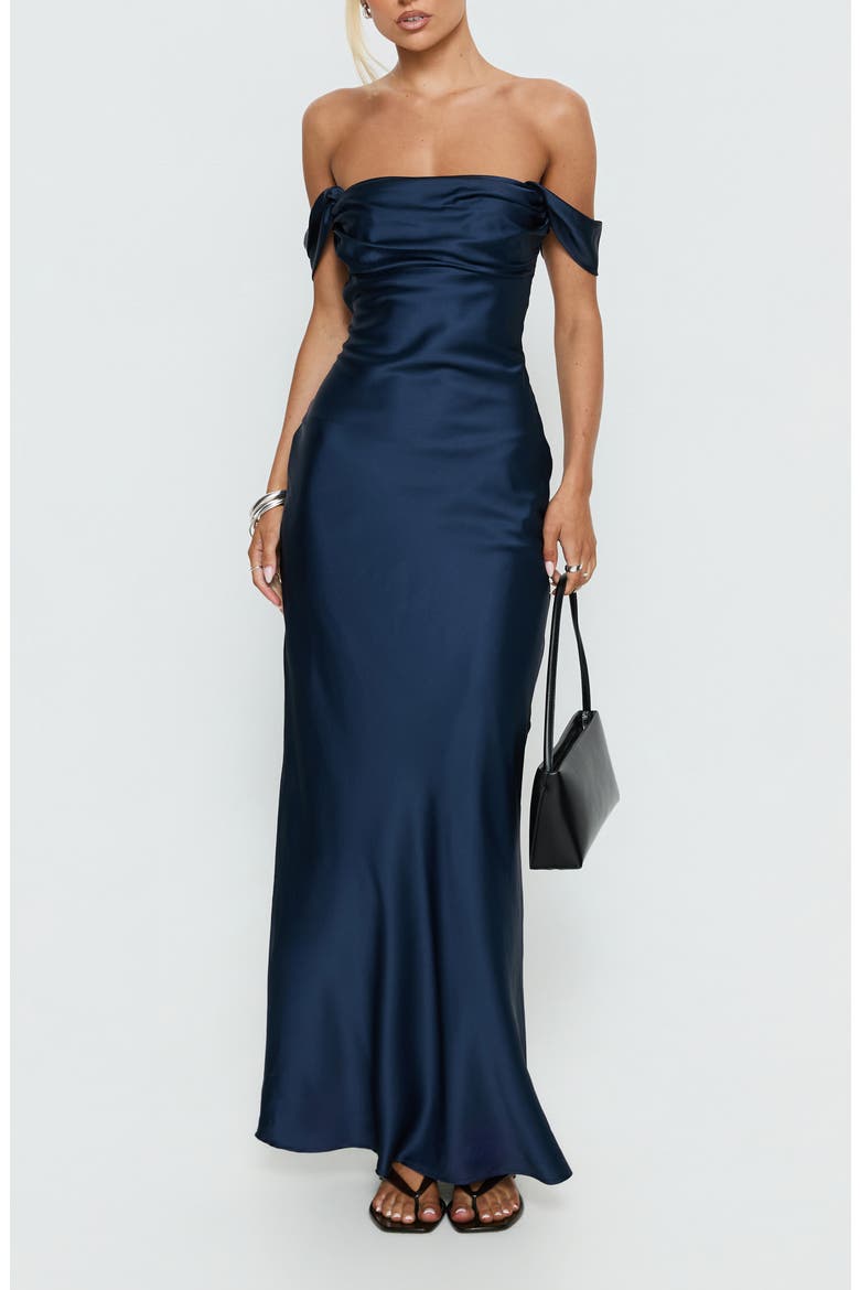 Azura Off the Shoulder Satin Gown, Main, color, NAVY