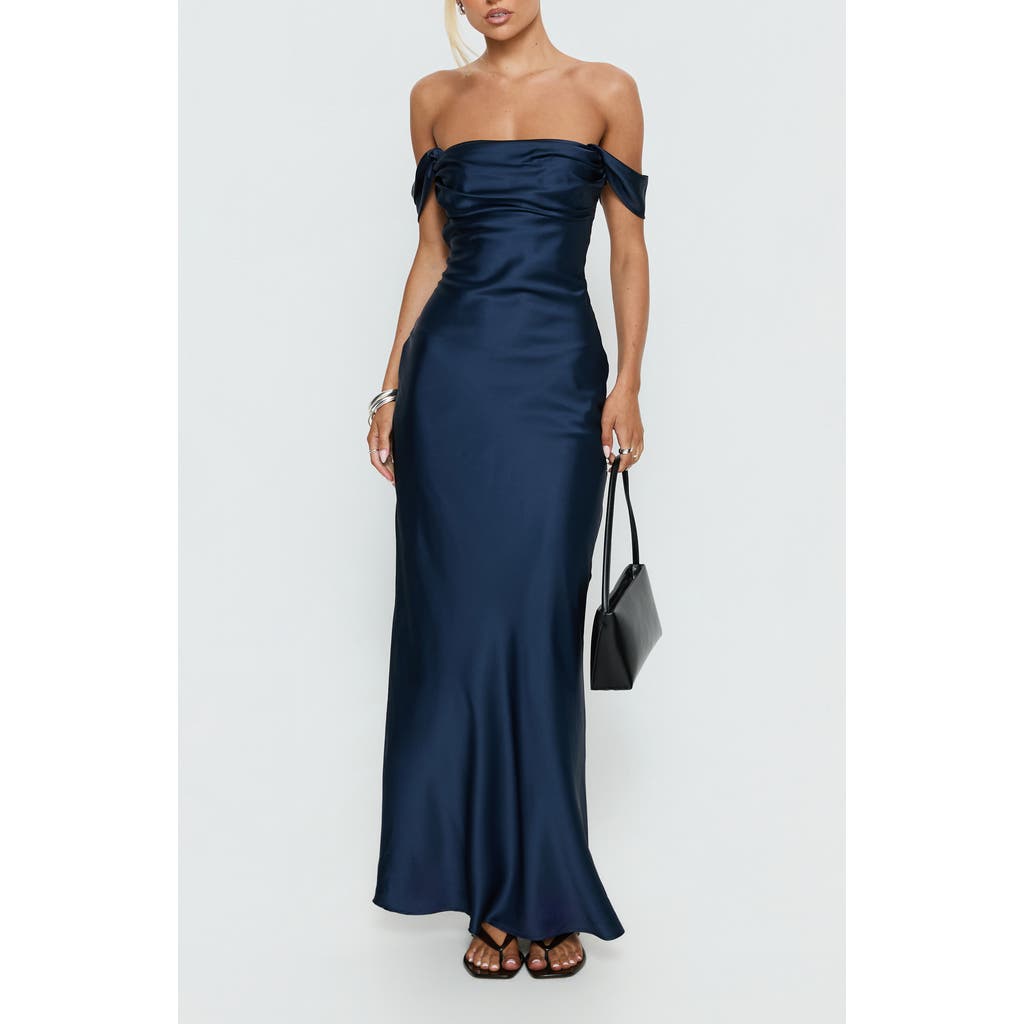 Princess Polly Azura Off the Shoulder Satin Gown in Navy at Nordstrom, Size 8