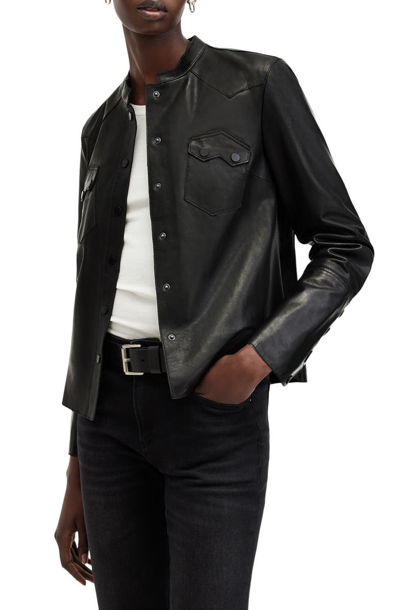 AllSaints Rock Western Leather Snap-Up Shirt, Alternate, color, 