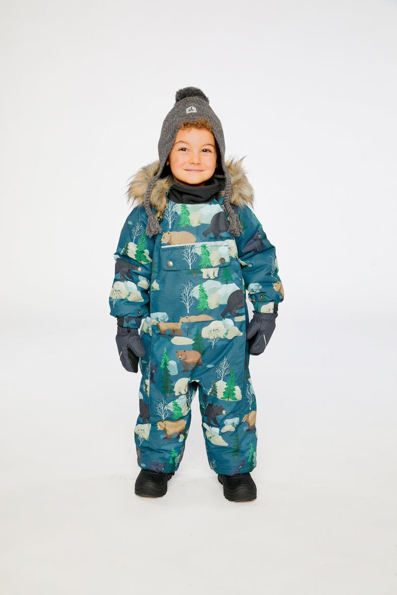 Play Bear Faux Fur Hood Car Seat One Piece Snowsuit, Alternate, color, Blue Bear Print