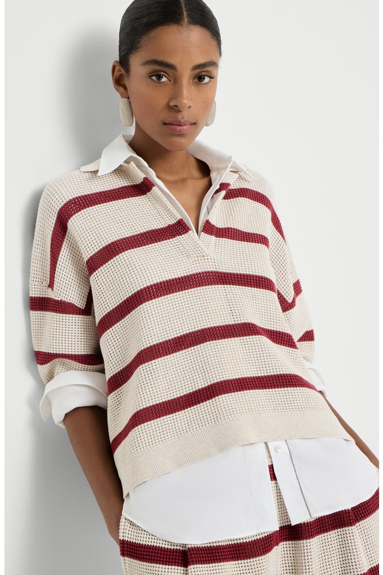 Cotton striped net knit polo shirt, Alternate, color, Bordeaux