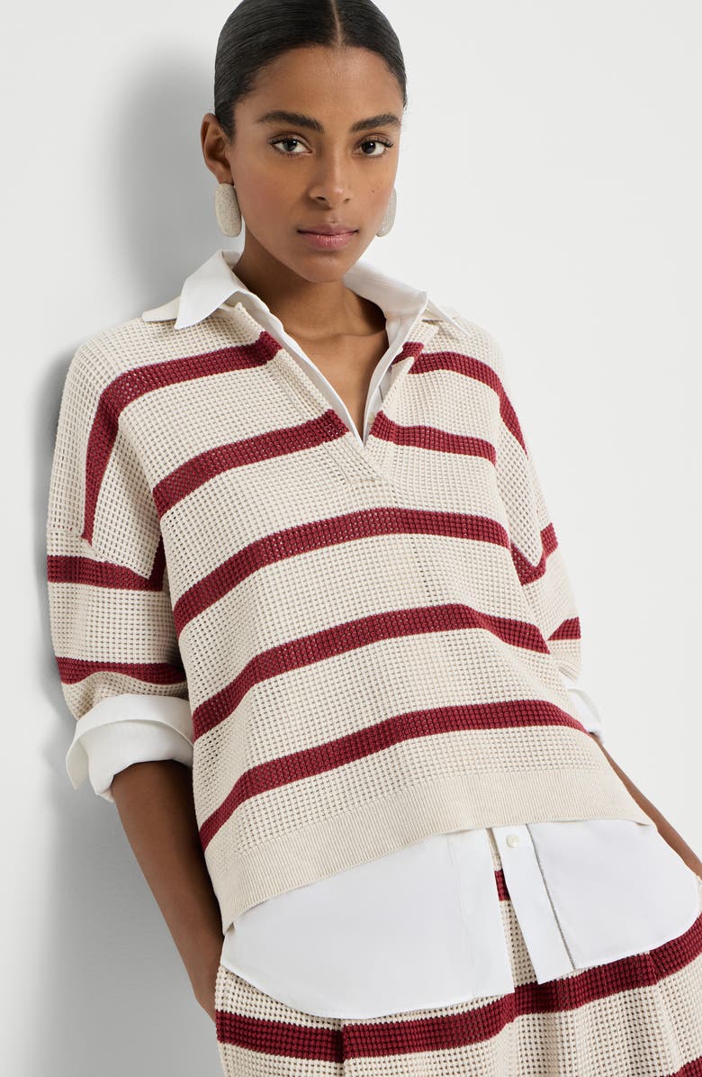 Brunello Cucinelli Cotton striped net knit polo shirt, Alternate, color, Bordeaux