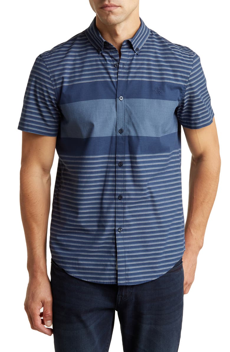 Original Penguin Stripe Short Sleeve Poplin Button-Up Shirt, Main, color, Dress Blues