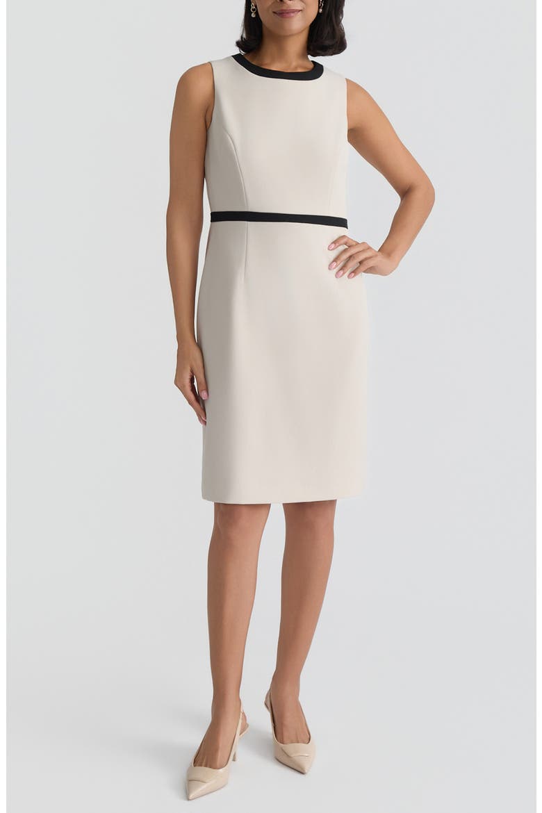 Sleeveless Stretch Crepe Sheath Dress, Main, color, PARCHMENT/ BLACK
