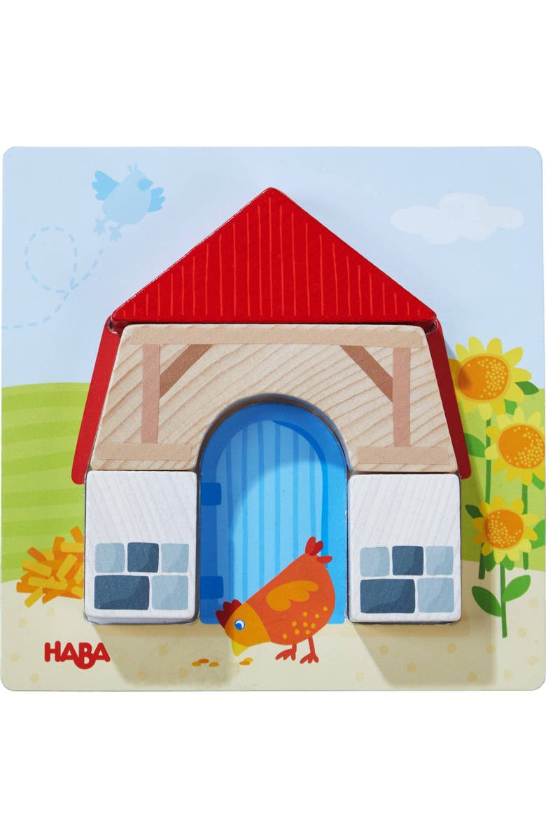 HABA On the Farm Beginner Pattern Blocks Puzzle with 3 Background Scenes and 14 Wooden Pieces - Ages 18 Months +, Alternate, color, Multi