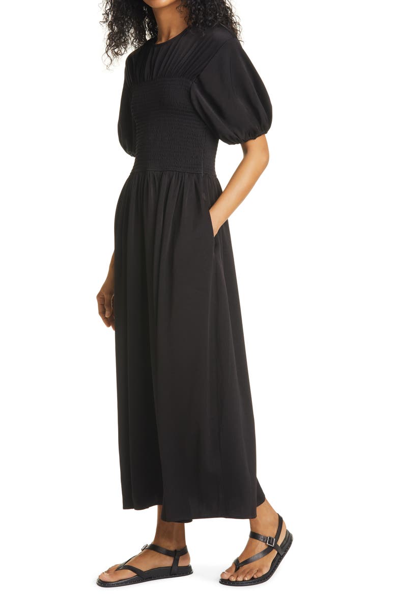 Smocked Bodice Puff Sleeve Maxi Dress, Alternate, color, BLACK