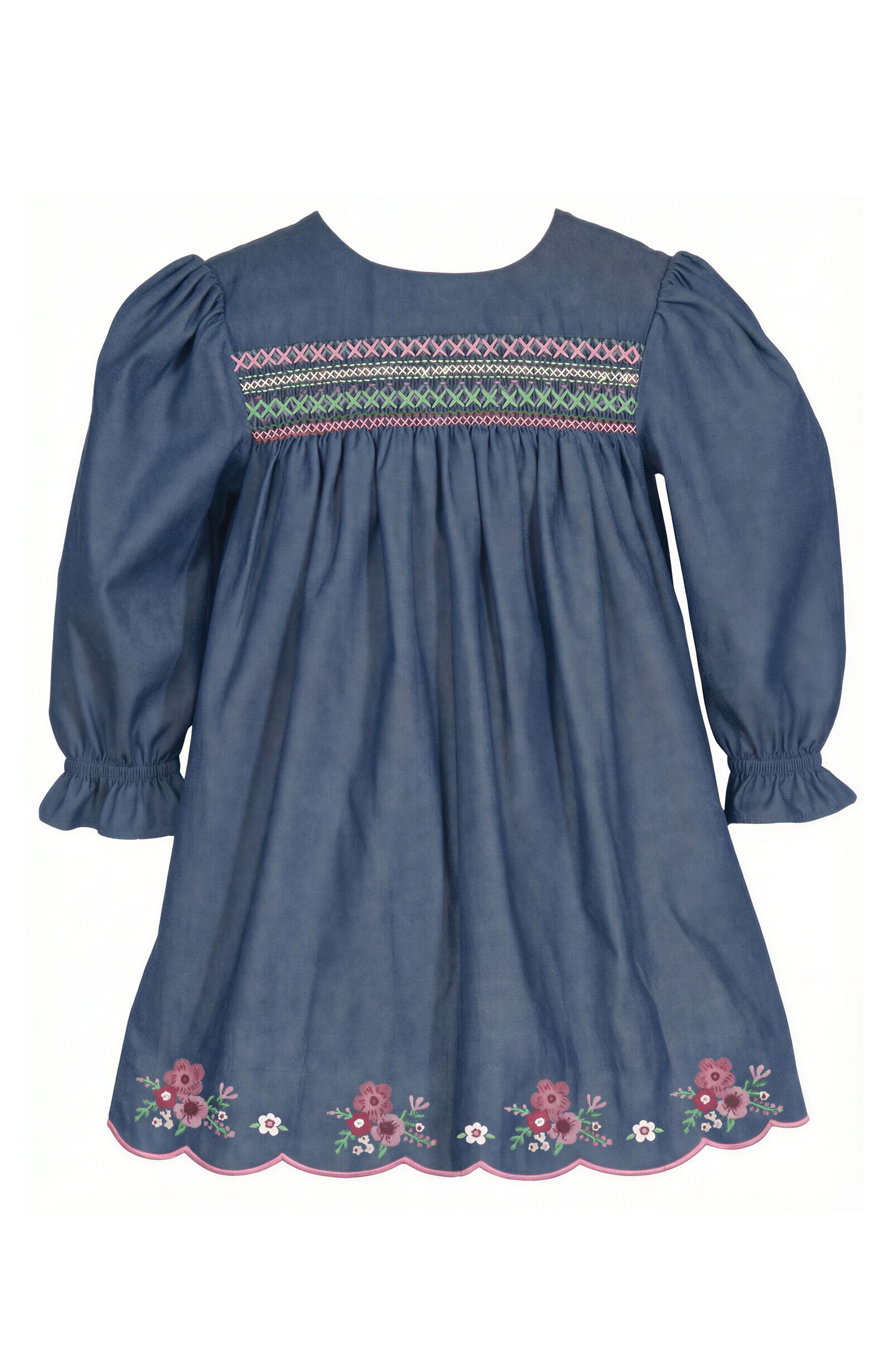 Kids' Smocked Embroidered Denim Dress