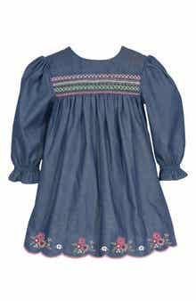 Smocked Embroidered Denim Dress