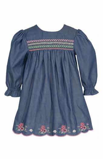 Smocked Embroidered Denim Dress