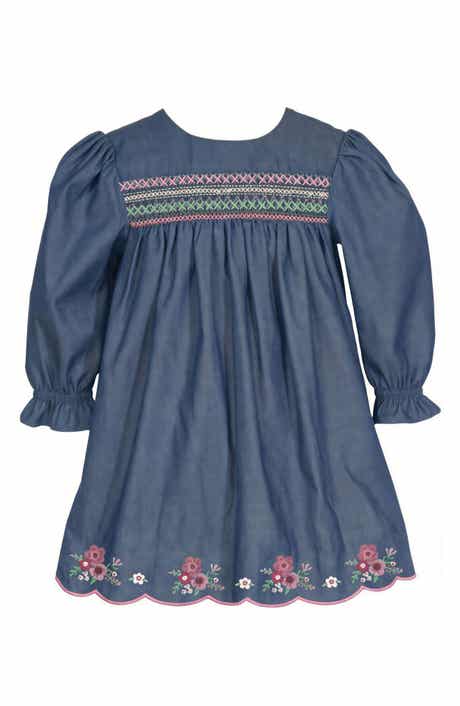 Kids' Smocked Embroidered Denim Dress