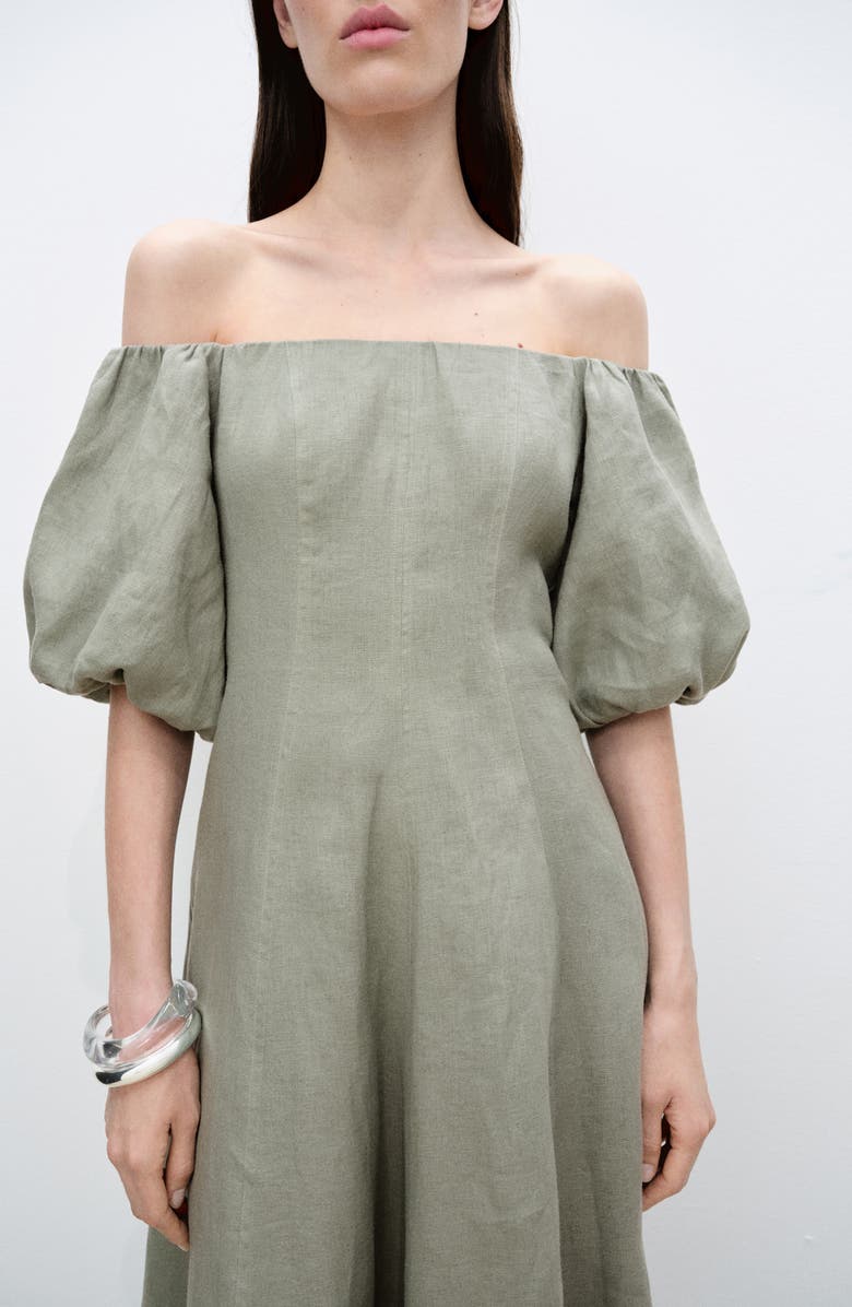 MANGO Menorca Off the Shoulder Linen Dress, Alternate, color, Green
