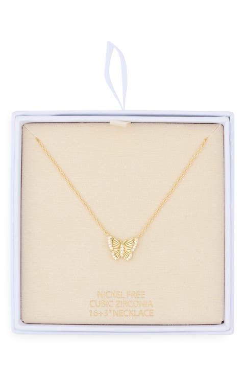 Cubic Zirconia Fluted Butterfly Pendant Necklace