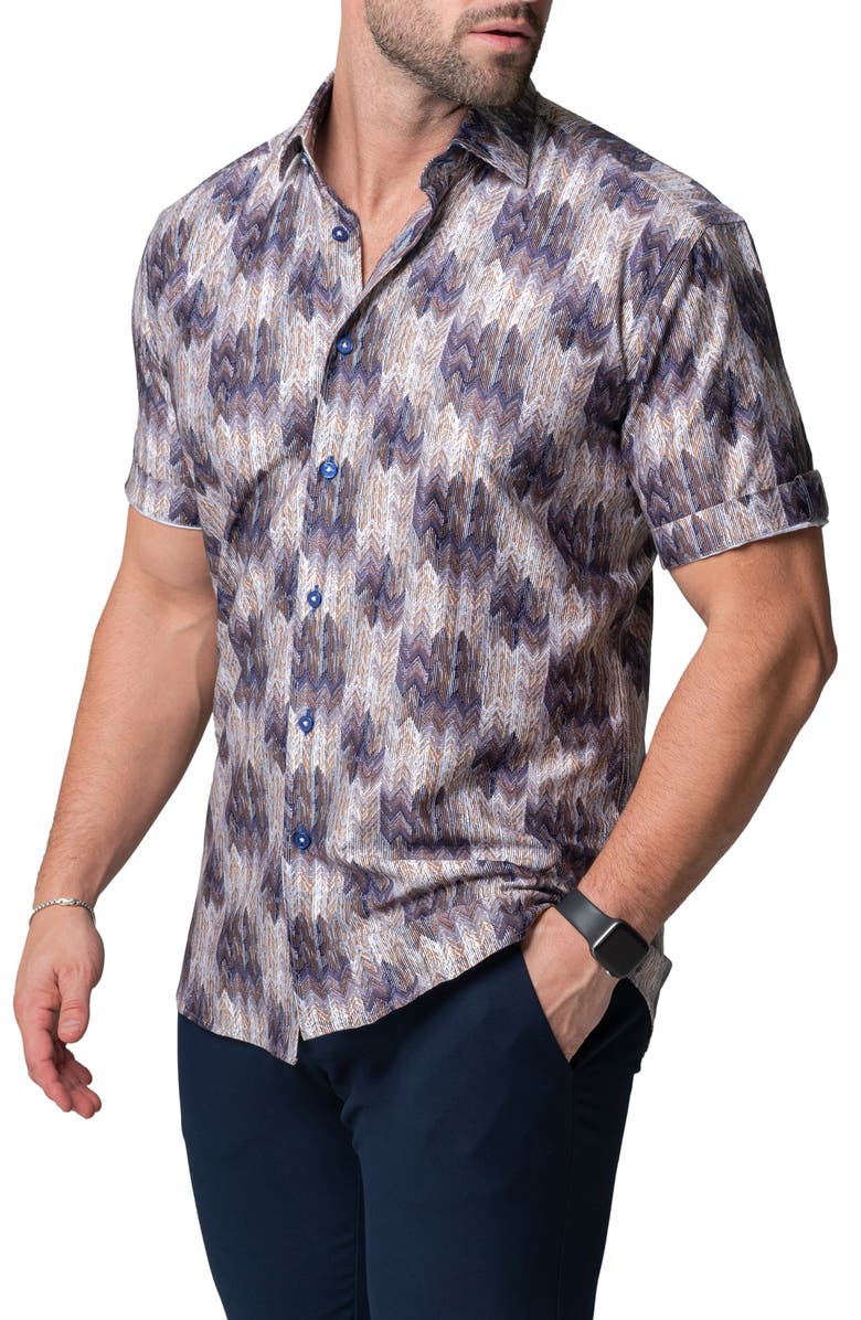 Maceoo Galileo Puddle Brown Stretch Short Sleeve Button-Up Shirt, Alternate, color, Brown