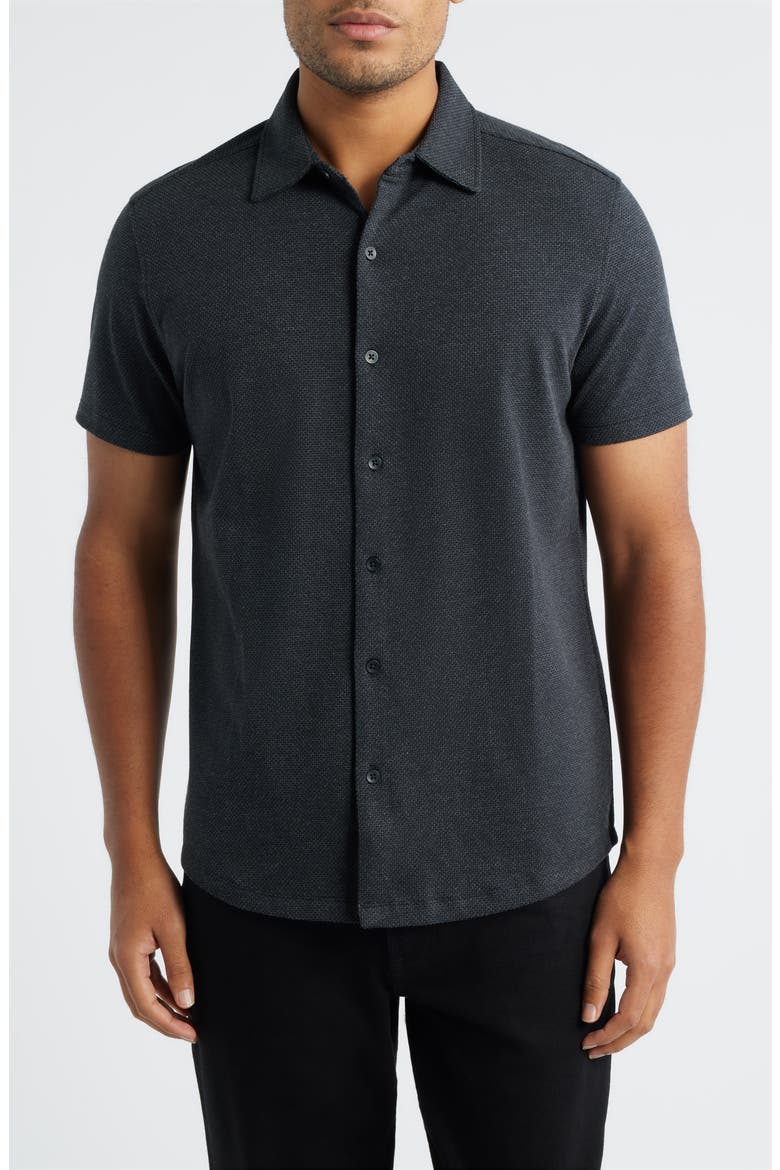 Keyes Slim Fit Microprint Short Sleeve Knit Button-Up Shirt, Main, color, BLACK