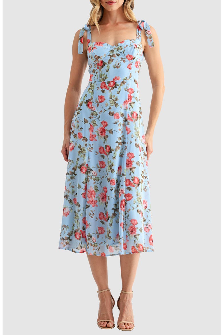 Tie Strap Midi Dress, Main, color, BLUE MAUVE FLORAL