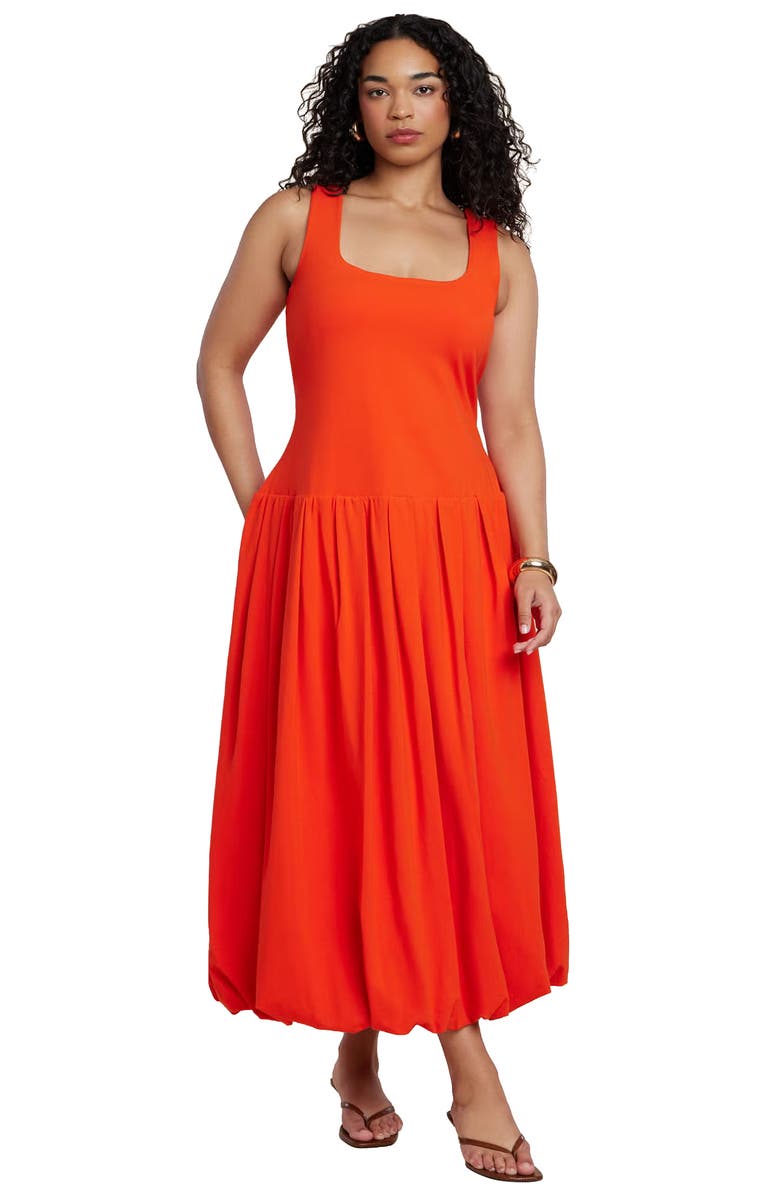 ELOQUII Drop-Waist Bubble Maxi Dress, Main, color, Deep Poppy