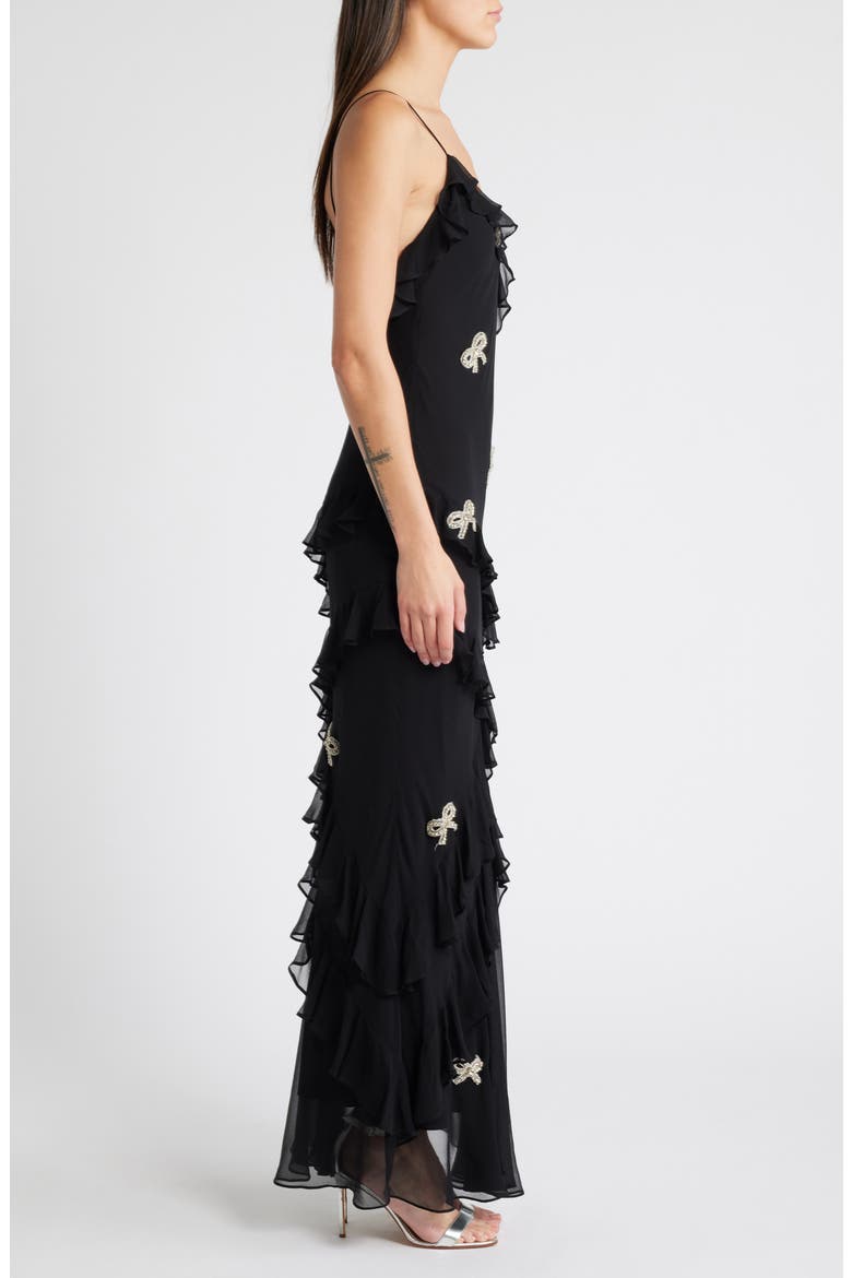 Rialto Bow Embellished Ruffle Silk Dress, Alternate, color, BLACK