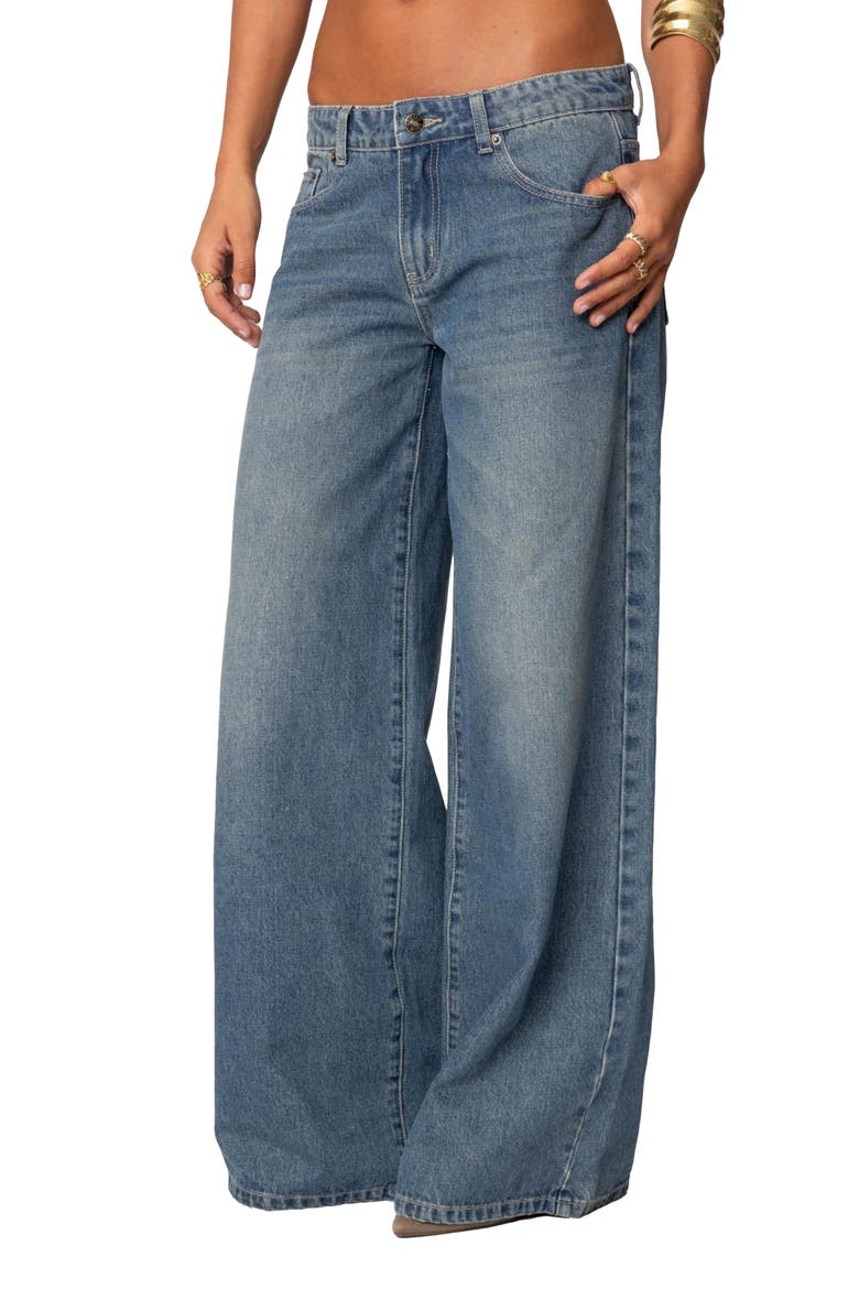Vyxen Bow Print Low Rise Wide Leg Jeans, Alternate, color, BLUE-VINTAGE-WASHED