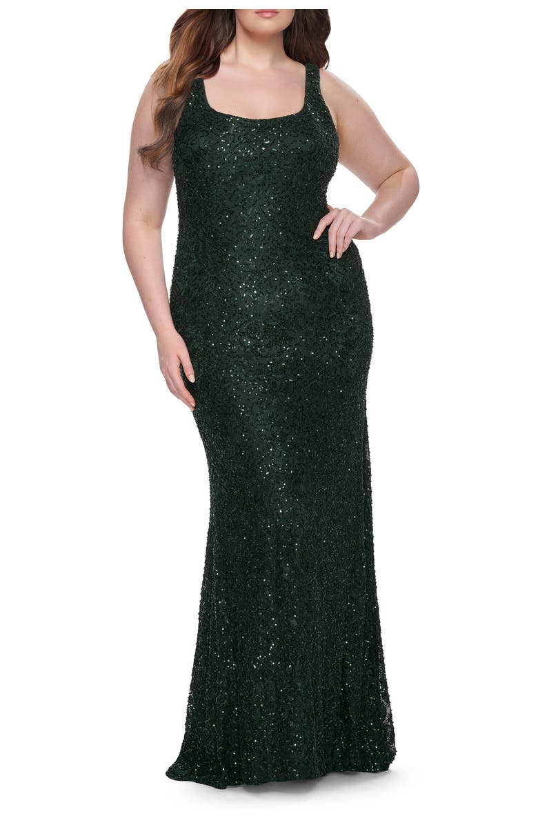 La Femme Beaded Lace Plus Size Fitted Dress with Square Neckline, Main, color, Emerald