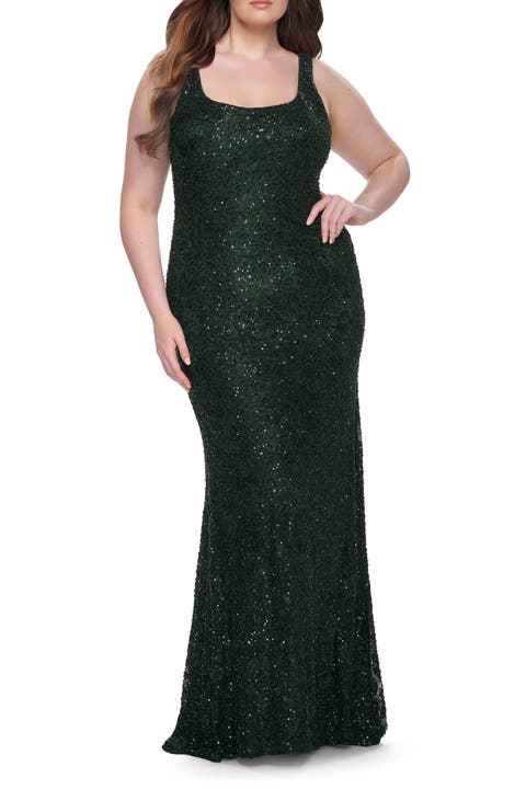 Beaded Lace Plus Size Fitted Dress with Square Neckline