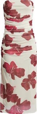 Open Edit Ruched Strapless Mesh Dress