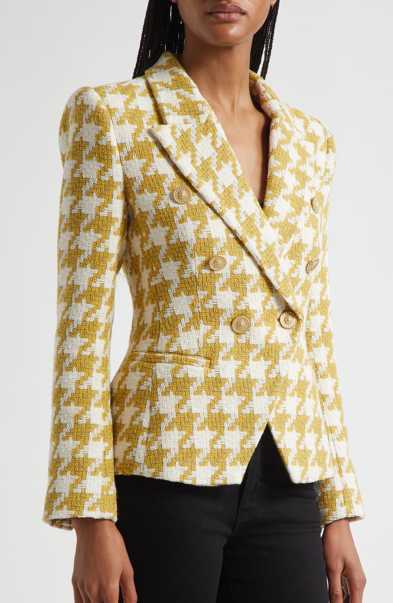 L'AGENCE Marie Houndstooth Tweed Double Breasted Blazer, Alternate, color, Ceylon Yellow Houndstooth