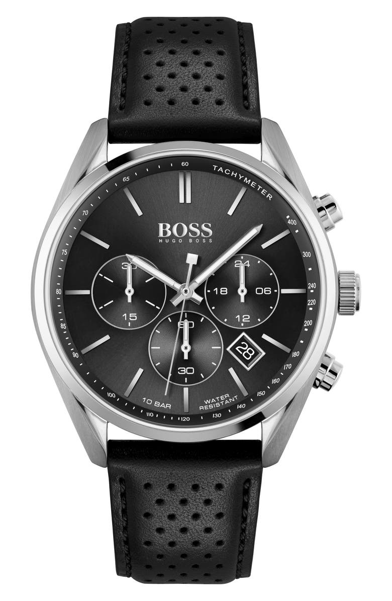 BOSS Champion Chronograph Leather Strap Watch, 44mm, Main, color, Black